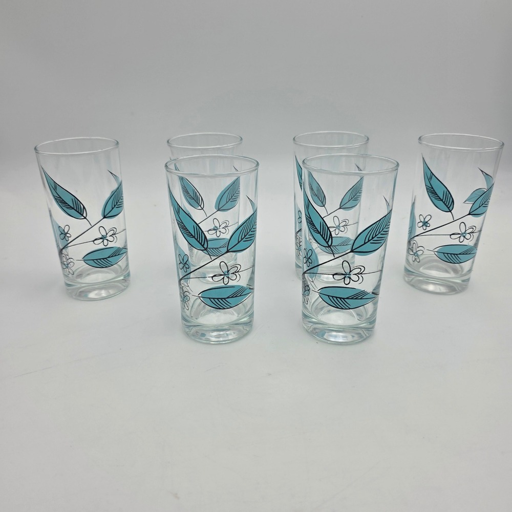 Vintage Mid Century Modern Turquoise Leaf Floral Glass Tumblers Set of 6